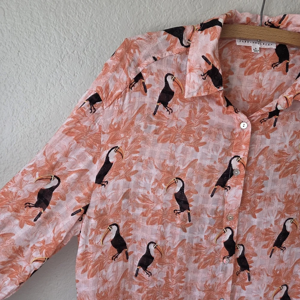 Jane Delancey Tunic Shirt Dress Size M Orange Tropical Tucans Bird Print Resort - Picture 3 of 16